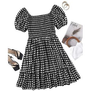 voor vrouwen jurk Plus gingham gesmokte jurk met pofmouwen en ruches aan de zoom (Color : Black and White, Size : 3XL)