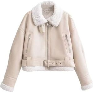 Vintage Damesjas Van Imitatielamsbont, Korte Bomberjas Met Riem en Rits for de Winter(Beige,S)
