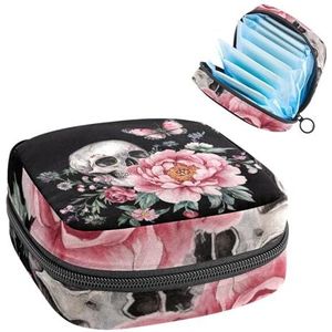 Draagbare maandverband Opbergtas, Menstruatiecup Pouch Vrouwelijke Menstruatie Pads Tas voor Tiener Meisjes, Tampons Eerste Periode Kit, Aquarel Schedel en Roze Bloemen Vlinder