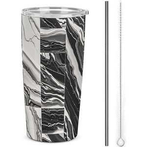 AQRJLPM Zwarte marmeren autobeker roestvrij stalen beker met rietje en deksels lekvrij geïsoleerde roestvrijstalen reiskoffiemok pobtable voor koude warme dranken kamperen