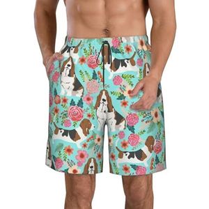 JIAWUJYNB Sweet Basset Hound bloemenprint strandshorts voor heren, zomershorts met sneldrogende technologie, licht en casual, Wit, XL