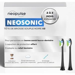 NEOPULSE® - Set van 2 zwarte nylon zachte borstelkoppen voor NEOSONIC® Sonische Elektrische Tandenborstel - Compatibel met NEOKIDS® - 3D: Korte en lange borstelharen - Slijtage-indicator