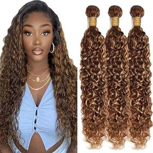 Tuheerst Water Wave Human Hair Bundles P427 Highlight Blonde Real Hair Human Hair Extensions Sew in Hair Extension 3 Bundles Double Weft Remy Hair Low Shedding for Woman 32 32 32 Inch