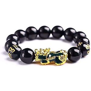 Armbanden voor vrouwen Feng Shui Obsidiaan Steen Kralen Armband Mannen Vrouwen Unisex Polsband Goud Kleur Zwart Bixie Rijkdom Armband-Antiek Koper Verguld (Color : Black)