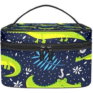Draagbare Make-up Tas Reizen Cosmetische Zakken Voor Vrouwen Meisjes Rits Pouch Case Organizer Groene Krokodil Blauwe Bladeren, Meerkleurig, 22.5x15x13.8cm/8.9x5.9x5.4in