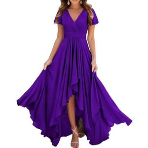 Dames chiffon bruidsmeisjes jurken met split lange galajurken ruches cocktailjurk plus size, Paars, 32