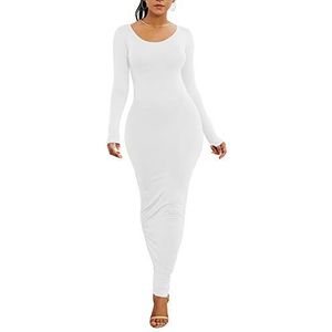 Maxi-jurk voor dames, elegant, lange mouwen, bodycon, avondjurk, Wit., S