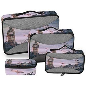 BIGJOKE Travel Packing Cubes 4 Set Engeland London Eye Big Ben UK Lichtgewicht Reizen Bagage Accessoires Reizen Pakking Tassen Organizers Opbergtas