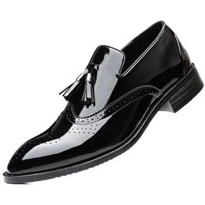 Loafers for heren, puntige neus, kunstleer, kwastje, effen kleur, vleugeltips, comfortabele flexibele platte hak, feestmode, instapper (Color : Black, Size : 45.5 EU)