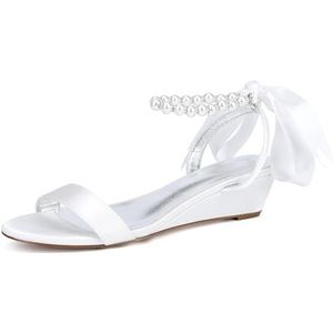 KYEGLO Satijnen Bruidsschoenen Met Ronde Neus En Open Teen Met Parelriempje Om De Enkel - Zomerkleding & Bruidsschoenen,ivoor,36