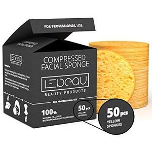 LeBeau Gecomprimeerde gezichtssponzen, gezichtssponzen voor reiniging, 100% natuurlijke cellulose gezichtsspons, professionele spa-kwaliteit gezichtsspons (50 tellingen, geel)