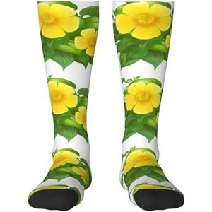 YsoLda Kousen Compressie Sokken Unisex Knie Hoge Sokken Sport Sokken 55CM Voor Reizen, Gele Bloemen In Groene Bush, zoals afgebeeld, 22 Plus Tall
