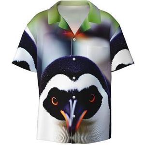 Leuke Pinguïn Hoofd Print Heren Korte Mouw Button Down Shirts Casual Losse Fit Zomer Strand Shirts Heren Jurk Shirts, Zwart, XL