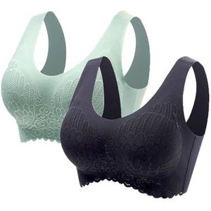 kumosaga Geen beugel verzamelen slaap push-up bh, ademende en comfortabele mesh bh's draadloze kanten push-up bh for dames (Color : Green+black(2pcs), Size : M)