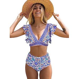 Soucrat Vrouwen Ruches Hoge Taille Badpak Tweedelige Tropische Print Badpak Push Up Badpak, Print Marokkaans, S