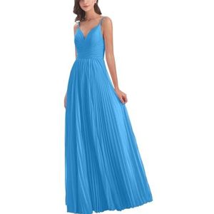 Dames spaghettibandjes chiffon bruidsmeisjes jurken lange formele jurken en avondjurken, Blauw, 48 grote maten