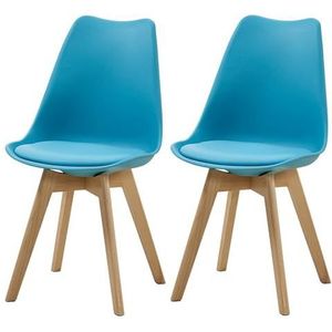Set van 2 eetkamerstoelen met beukenhouten poten en gevoerde zitting Lounge Scandinavische bijzetstoelen Studeerstoel Zacht PU-kussen voor keuken/café/kantoor Blue