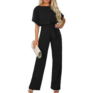 Dagelijkse slijtage Jumpsuits for dames, korte mouwen, ronde hals, riem, casual rechte pijpen, playsuit (Color : zwart, Size : 3XL-3XLarge)
