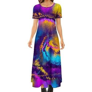 Paarse en blauwe marmeren textuur vrouwen zomer casual korte mouw maxi-jurk ronde hals bedrukte lange jurken 5XL