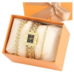 Luxe Dames Horloges Rechthoek Relief Legering Band Mode Rhinestone Armband Set Quartz Polshorloge Gift for Dames Montre Femme (Color : Gifts for her0018)