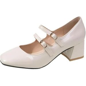 Lente Merk Lolita Mary Janes Vrouwen Hoge Hakken Schoenen Kantoor Dame Nieuwe Trend Sandalen Mode Dikke Pumps PU Leer Dames Oxford Schoenen, beige, 36 EU