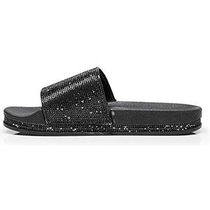 Yikoly Slippers, glitter, strass, modieus, plat, antislip, zomer, vrouwen, plat, strand, sandalen, huisschoenen, dames, zomer, indoor/outdoor, schattige sandalen, maat 36-41, zwart, 40 EU