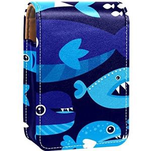 Draagbare Lipstick Case voor op reis, Mini Lipstick Opbergdoos met spiegel voor vrouwen dames, lederen cosmetische etui cartoon zee haaien patroon blauw, Meerkleurig, 9.5x2x7 cm/3.7x0.8x2.7 in