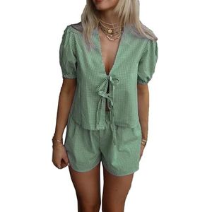 Dames Lounge 2-delige outfits Sets Korte mouw Button Down Shirt Shorts Set Y2k Zomer Strandvakantie Gedrukte kledingsets(Color:Green,Size:Medium)