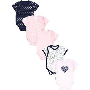 TupTam Baby Meisje Overslag Rompertje Korte Mouwen Set van 5, Donkerblauwe bloemen lichtroze harten abrikozenberen, 62