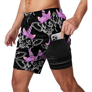 Chihuahua Unicorn Zwembroek voor heren, sneldrogend, 2-in-1 strandsportshorts met compressieliner en zak