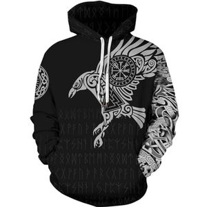 Unisex Viking Harajuku Trekkoord Hoodie, Noordse 3D Celtic Crow Vegvisir Rune Print Punk Straat Sweatshirt, Odin Fenrir Wolf Totem Pagan Losse Casual Top(Color:Crow B,Size:M)