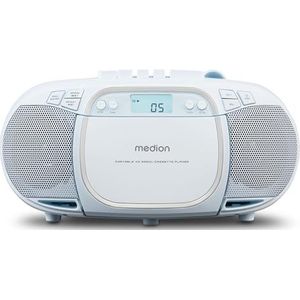 MEDION E66476 Stereo Geluidssysteem (boombox, CD-speler, MP3, cassette, draagbare cassettespeler voor kinderen, FM-radio, AUX, hoofdtelefoon, netvoeding & batterij) blauw