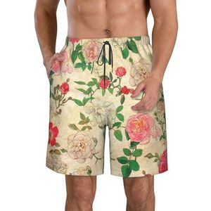 PHTZEZFC Roze en witte pioenenprint strandshorts voor heren, lichtgewicht, sneldrogend, zwembroek met trekkoord en zakken, Wit, XL