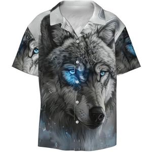 YJxoZH Blauwe Ogen Wolf Print Heren Jurk Shirts Casual Button Down Korte Mouw Zomer Strand Shirt Vakantie Shirts, Zwart, M