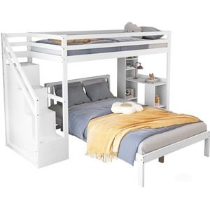 WEALTHOUSE Stapelbed met trap, opslag, plank, bureau, valbeveiliging, leuning, massief houten frame, MDF-structuur, ruimtebesparend, multifunctioneel, modern design (wit, 120x200cm)