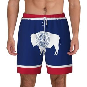 EdWal Wyoming State Flag Print dubbellaagse strandshorts,Zwembroeken voor heren Sneldrogende zwemshorts Board Shorts, Wit, XXL