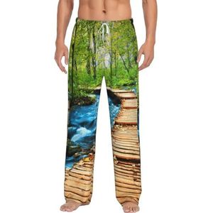 MBCbjg Houten Bridge Stream Water Print Heren Bottoms Pyjama Broek, Zachte Slaapbroek met zakken, Lichtgewicht Loungewear Pjs voor Comfortabele Slaap en Lounge, Wit, S