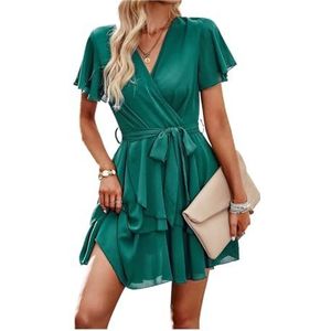 Jurk voor dames V-hals korte mouw elastische taille casual chiffon mini-jurk, Groen, XL