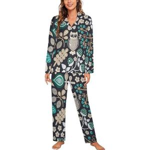 Bos Vogel Patroon Vrouwen Lange Mouw Button Down Nachtkleding Zachte Nachtkleding Lounge Pyjama Set XL
