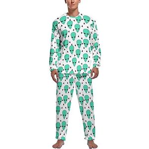 Groene Alien Head Zachte Heren Pyjama Set Comfortabele Lange Mouw Loungewear Top En Broek Geschenken 2XL