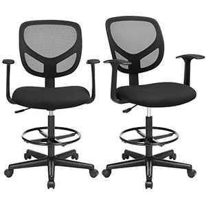 SONGMICS Werkstoel, set van 2, ergonomische bureaustoel met armleuningen, zithoogte 55-75 cm, hoge draaistoel met verstelbare voetring, belastbaarheid 120 kg, zwart OBN25BK-2