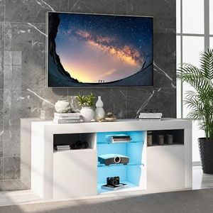 Aunvla Led-tv-kast, tv-tafel, tv-standaard met 2 kasten met deuren en 5 open planken, 16-kleurige ledverlichting, tv-meubel voor tv's tot 55 inch, wit 120 x 35 x 50 cm