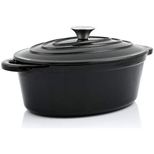 BBQ-Toro Gietijzeren cocotte, 4,3 liter, zwart, ovaal, geëmailleerde gietijzeren braadpan met deksel, gietijzeren pan, geschikt voor inductie