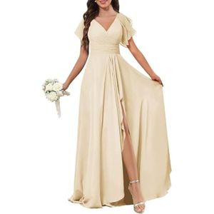 Chiffon galajurken met spleetplooien, bruidsmeisjesjurken voor bruiloft, cocktailjurk, grote maten, Champagne, 42