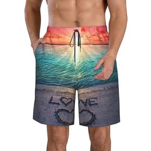 JIAWUJYNB Love Beach Print strandshorts voor heren, lichtgewicht, sneldrogend, zwembroek met trekkoord en zakken, Wit, L