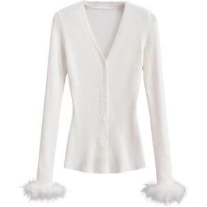 Dames V-hals Knoopvest Met Afneembare Verenmanchetten, Vintage Gebreide Trui Met Lange Mouwen(White,S)