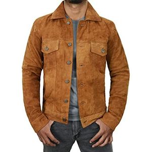 LP-FACON Heren zwart suède lederen truckerjack - bruine vintage motorfiets westerse cowboy suède truckerjas, Camel Brown - Suède Leer, M