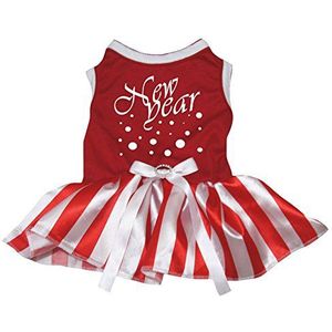 Petitebelle Puppy Kleding Hond Jurk Nieuwjaar Rood Top Rood Wit Gestreepte Tutu, Medium, Rood, Wit