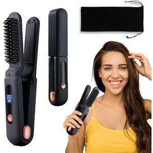 RNPKZ Draadloze stijlborstel, 230 mm draadloze krultang, draadloze stijlborstel met led-display, 3-in-1 oplaadbare stijltang, borstel met 3 instelbare temperaturen, voor alle haartypes (zwart)