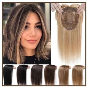 Golvende pruik Topper van echt haar met pony 12×13cm Zijdebasis haarstukje 10-14"" Indian Remy haar clip-in steil haarverlenging for vrouwen met dunner wordend haar Pruikgreep(Size:35cm (14inches),Colo